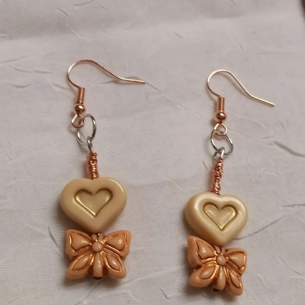 Steel Handmade Hand Crafted Heart & Bow Dangle Earrings Jewelry #54 - Picture 9 of 14